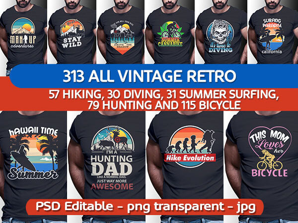 313 all vintage retro bundle: 57 hiking, 30 diving, 31 summer surfing, 79 hunting and 115 bicycle