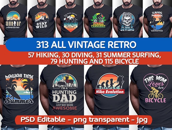 313 ALL VINTAGE RETRO BUNDLE: 57 HIKING, 30 DIVING, 31 SUMMER SURFING, 79 HUNTING AND 115 BICYCLE