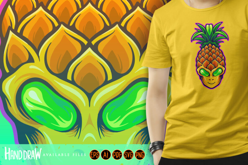 Alien head with pineapple fruit illustrations