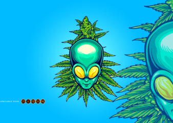 Alien head with weed plant illustrations