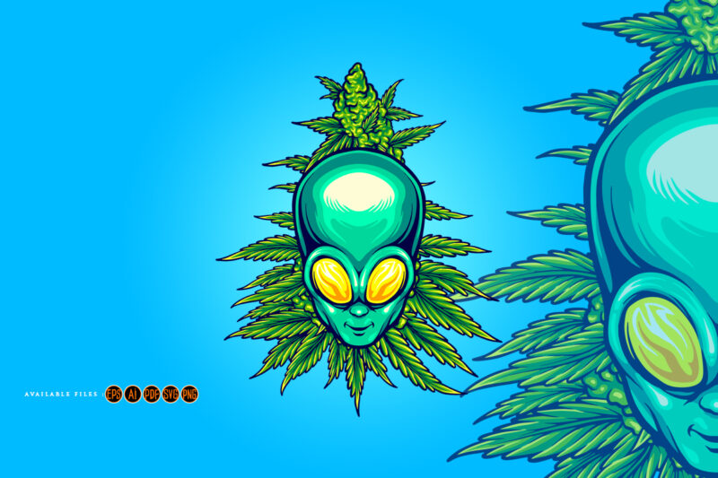 Alien head with weed plant illustrations