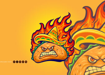 Angry delicious mexican taco with blazing fire illustrations