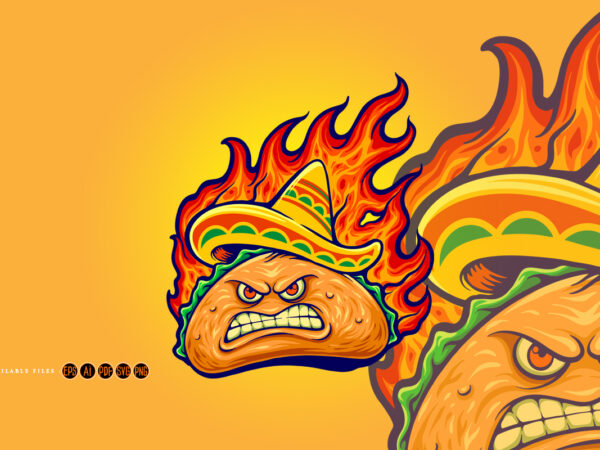Angry delicious mexican taco with blazing fire illustrations t shirt vector