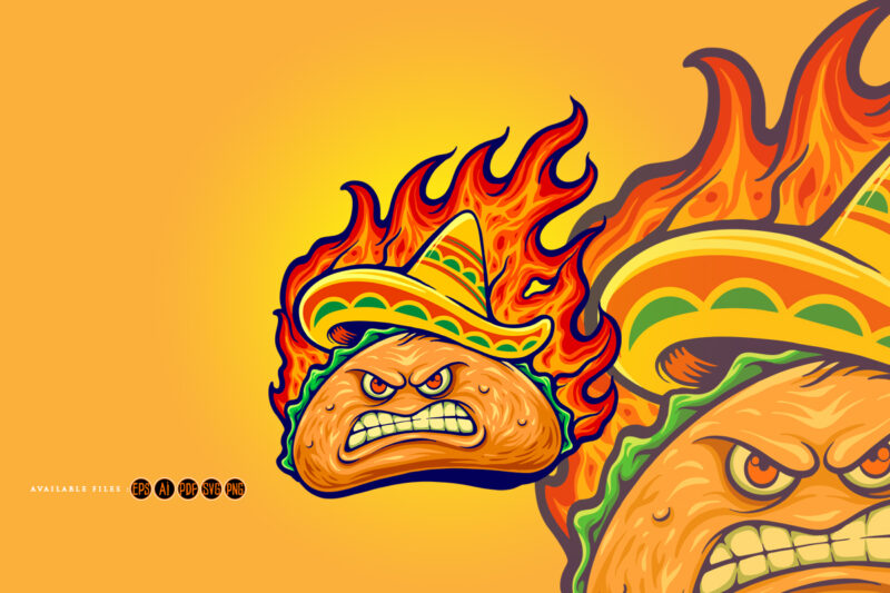 Angry delicious mexican taco with blazing fire illustrations