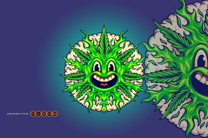 Weed leaf cute emoji with smoke bubble illustrations