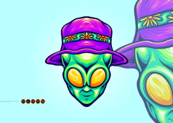 Funky alien head with summer beach hat illustrations