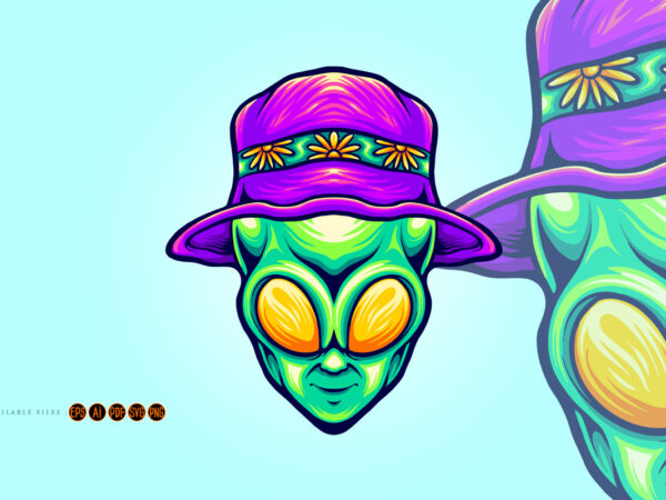 Funky alien head with summer beach hat illustrations t shirt graphic design