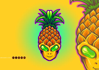 Alien head with pineapple fruit illustrations