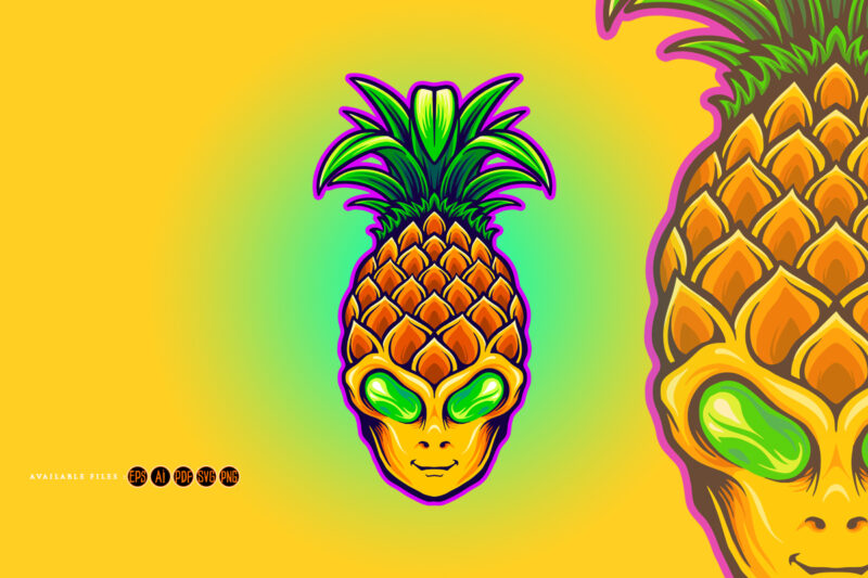 Alien head with pineapple fruit illustrations