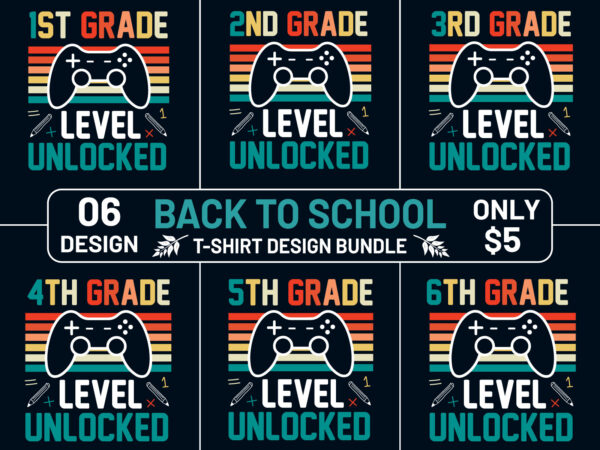 Back to school t-shirt design bundle, gamer kids back to school t-shirts, level unlocked back to school t-shirt design