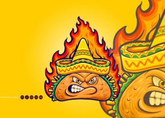 Delicious angry mexican taco with blazing fire illustrations t shirt vector illustration