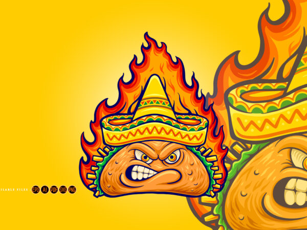 Delicious angry mexican taco with blazing fire illustrations t shirt vector illustration