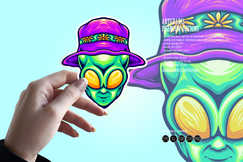 Funky alien head with summer beach hat illustrations
