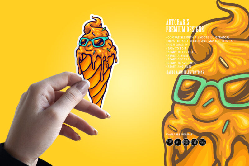 Funky ice cream melted with sunglasses illustrations