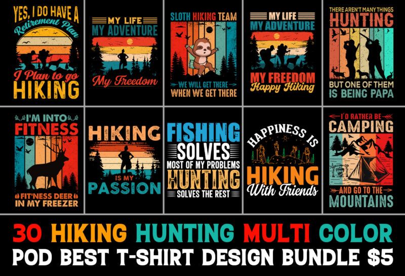 Hiking Hunting T-Shirt Design Bundle