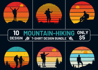 Hiking t-shirt design, Retro vintage hiking t-shirt design bundle, Retro sunset mountain hiking t-shirt design bundle, Outdoor ,Adventure, Hiking t-shirt design bundle