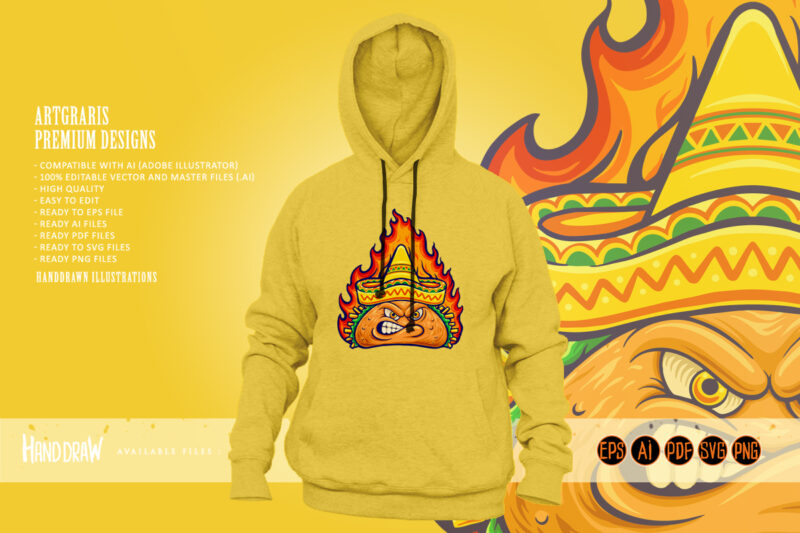 Delicious angry mexican taco with blazing fire illustrations