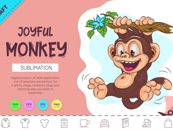 Joyful cartoon monkey. crafting, sublimation. vector clipart