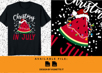 Christmas in July Funny summer shirt print template, Funny Watermelon with Christmas lighting Santa Claus hat vector