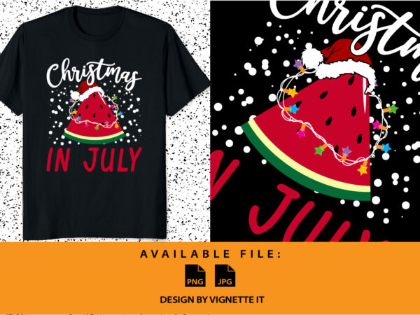 Christmas in july funny summer shirt print template, funny watermelon with christmas lighting santa claus hat vector