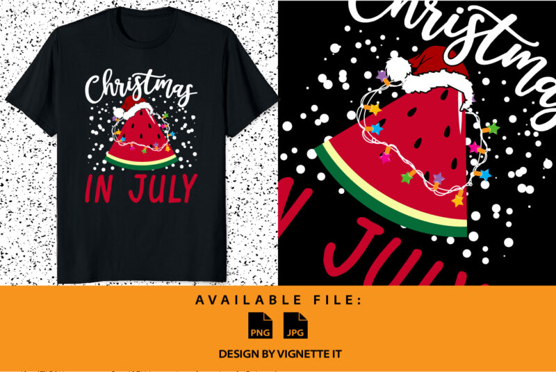 Christmas in July Funny summer shirt print template, Funny Watermelon with Christmas lighting Santa Claus hat vector