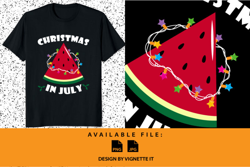 Christmas in July Funny summer shirt print template, Funny Watermelon with Christmas lighting