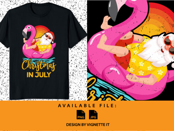 Christmas in july shirts for women pink flamingo funny santa claus vintage retro sunset, santa’s swimming , funny summer shirt print template t shirt vector file