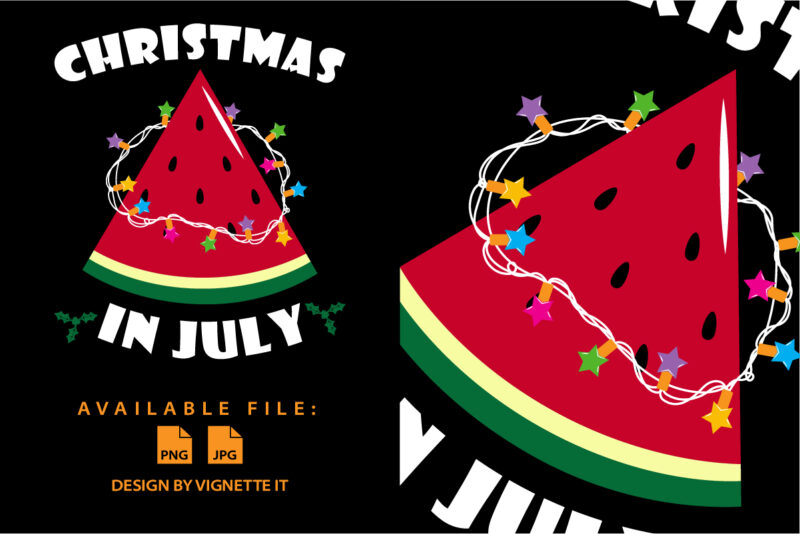 Christmas in July Funny summer shirt print template, Funny Watermelon with Christmas lighting