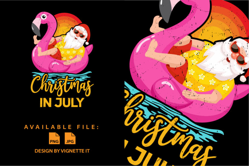 Christmas In July Shirts for Women Pink Flamingo funny Santa Claus vintage retro sunset, Santa’s swimming , Funny summer shirt print template