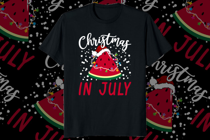 Christmas in July Funny summer shirt print template, Funny Watermelon with Christmas lighting Santa Claus hat vector