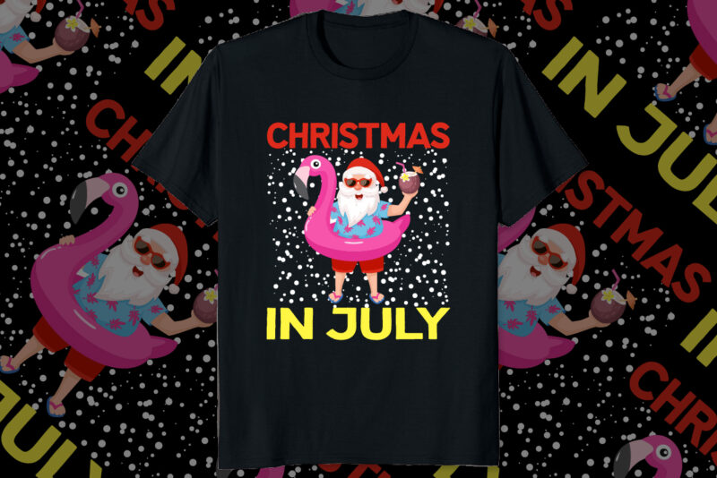 Christmas in July Funny summer shirt print template, Funny Santa Claus and pink flamingo on summer vacay mode