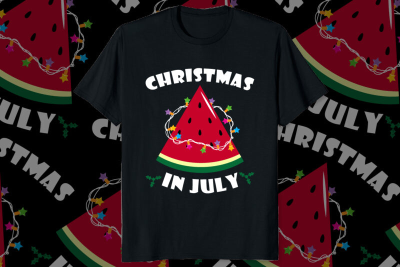Christmas in July Funny summer shirt print template, Funny Watermelon with Christmas lighting