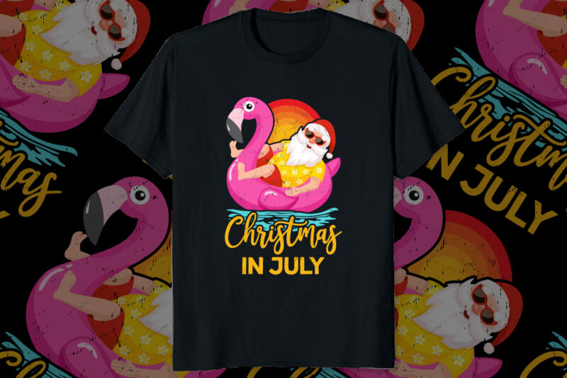 Christmas In July Shirts for Women Pink Flamingo funny Santa Claus vintage retro sunset, Santa’s swimming , Funny summer shirt print template