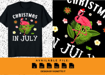 Christmas In July Shirts for Women Pink Flamingo Summer shirt print template, Tropical element vector, Santa’s hat floral background