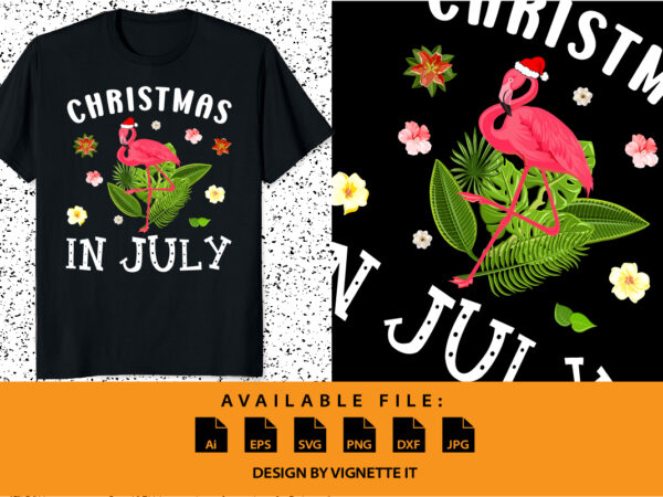 Christmas in july shirts for women pink flamingo summer shirt print template, tropical element vector, santa’s hat floral background