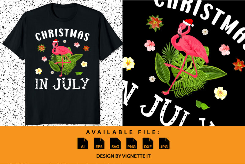 Christmas In July Shirts for Women Pink Flamingo Summer shirt print template, Tropical element vector, Santa’s hat floral background