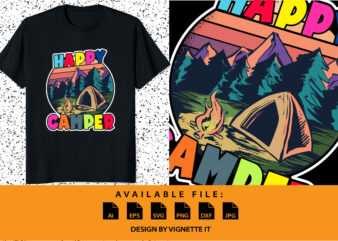 Happy Camper Retro Vintage Funny Matching Camping Crew Summer Camp shirt print template, Campfire hills jungle vector