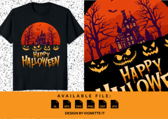 Happy Halloween Bats, Pumpkin, Spooky Scene, Crows, Spider T-Shirt print template