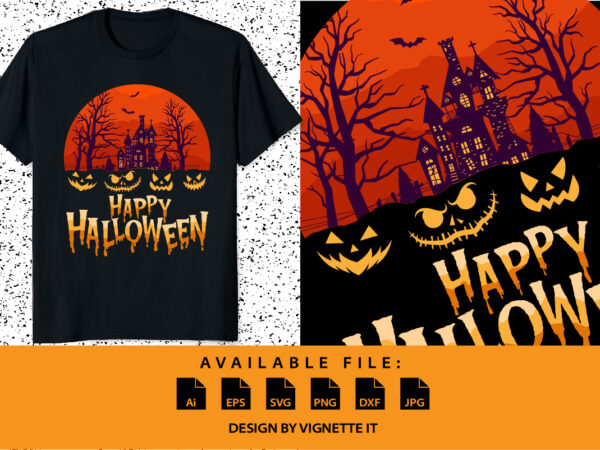 Happy halloween bats, pumpkin, spooky scene, crows, spider t-shirt print template