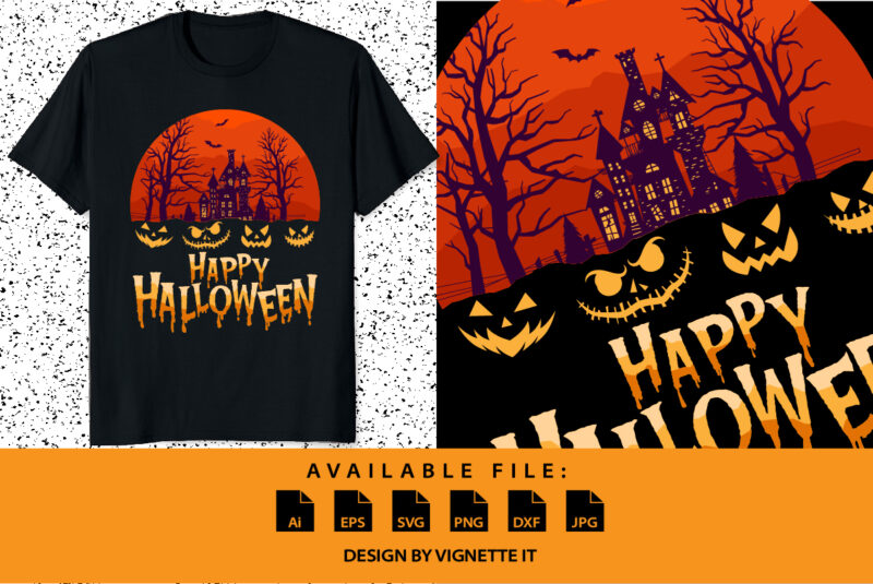Happy Halloween Bats, Pumpkin, Spooky Scene, Crows, Spider T-Shirt print template