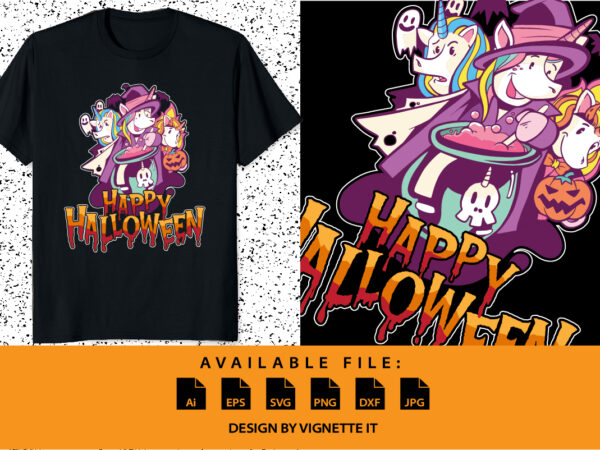 Happy halloween witchy unicorn halloween shirt print template, horror vector background halloween unicorn, pumpkin, bat, balloon vector
