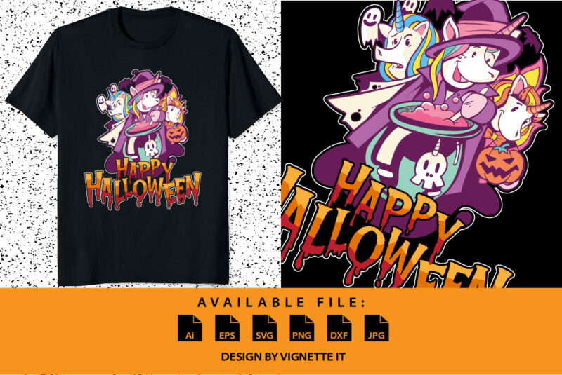 Happy Halloween Witchy Unicorn Halloween Shirt print template, Horror vector background Halloween Unicorn, Pumpkin, bat, balloon vector