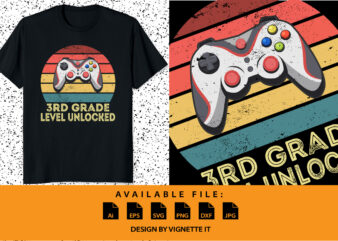 3rd Grade Level Unlocked Video Gamer Back to School Boys shirt print template Vintage sunset Gamer joystick