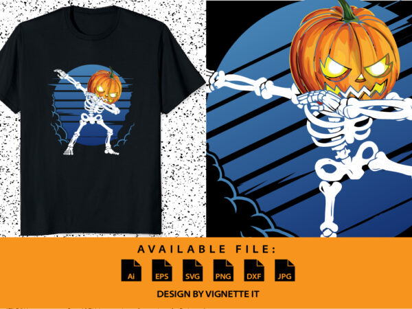 Happy halloween pumpkin shirt print template, skeleton pumpkin halloween tree bats witch scary themed texture background, dark night vector design