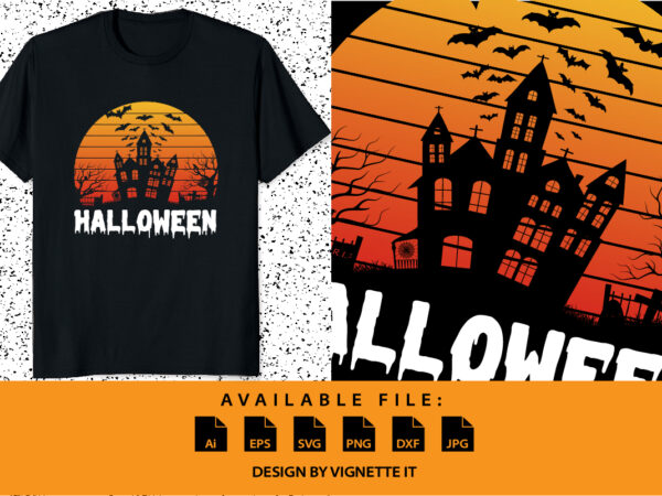 Happy halloween shirt print template, pumpkin halloween tree bats witch scary themed texture background, dark night house vector design