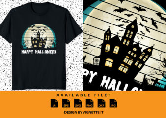 Happy Halloween shirt print template, Pumpkin Halloween tree bats witch scary themed texture background, Dark night House vector design