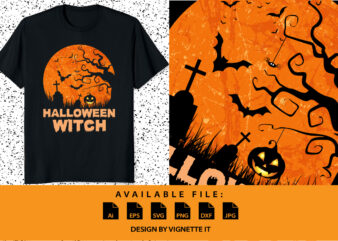 Halloween witch Happy Halloween shirt print template, Pumpkin Halloween tree bats witch scary themed texture background, Dark night vector design