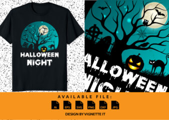 Happy Halloween shirt print template, Pumpkin Halloween tree bats witch scary themed texture background, Dark night vector design