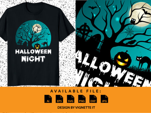 Happy halloween shirt print template, pumpkin halloween tree bats witch scary themed texture background, dark night vector design