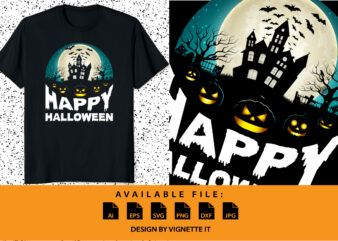 Happy Halloween shirt print template, Pumpkin Halloween tree bats witch scary themed texture background, Dark night house vector design
